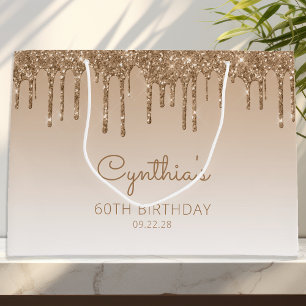 Grand Sac Cadeau Glitter Drip 60e Anniversaire Or