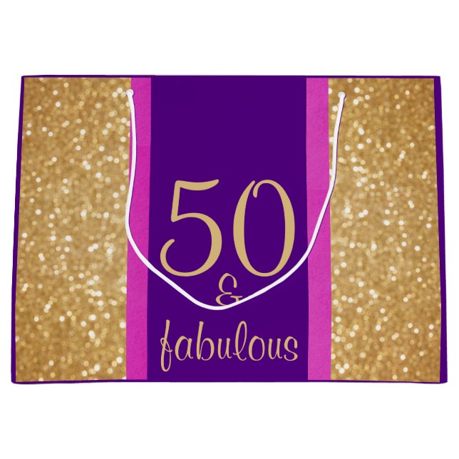 Grand Sac Cadeau Glittery Purple & Pink 50 & Fabuleux 50e anniversa (Devant)