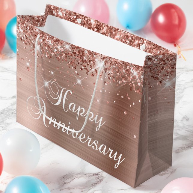Grand Sac Cadeau Glittery Rose Gold Foil Fancy Happy Anniversaire (Glittery Rose Gold Foil Fancy Happy Anniversary Large Gift Bag)