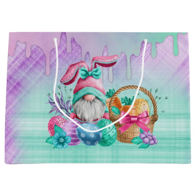 Grand Sac Cadeau Gnome De Lapin De Pâques Avec Oeufs De Panier (Devant)