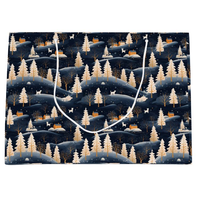 Grand Sac Cadeau Gold et Dusty Blue Winter (Devant)