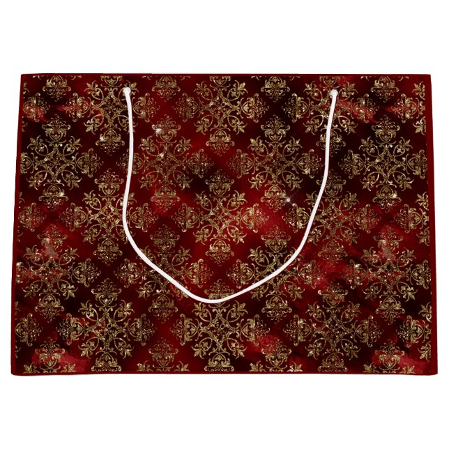 Grand Sac Cadeau Gold Holiday Noël Métal Damas Élégant  (Devant)