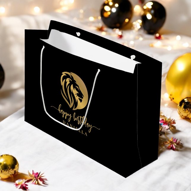 Grand Sac Cadeau Gold Lion Leo Joyeux Anniversaire avec nom (Personalize with the name of the birthday celebrant.)