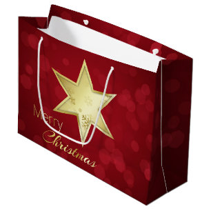 Grand Sac Cadeau Golden Christmas Star Red Bokeh