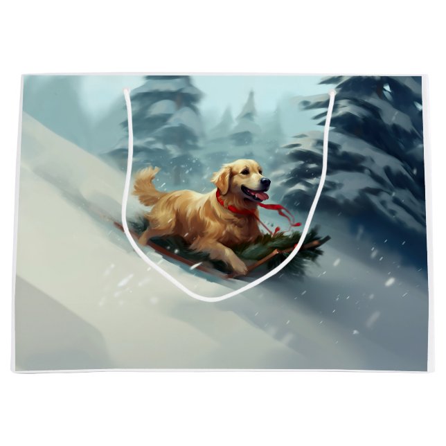 Grand Sac Cadeau Golden Retriers Noël neige hiver (Devant)