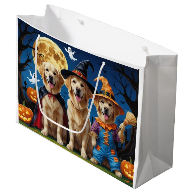 Grand Sac Cadeau Golden Retriever Chiens Citrouille Halloween Funny (Devant Angle)