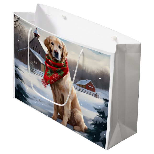 Grand Sac Cadeau Golden Retriever Dog in Snow Christmas (Devant Angle)