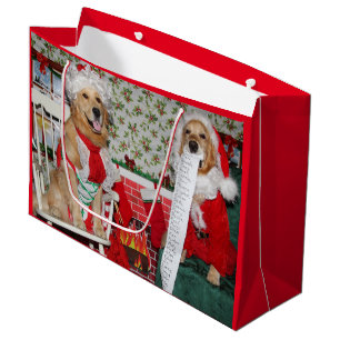 Grand Sac Cadeau Golden retriever Père Noël et Mme Claus