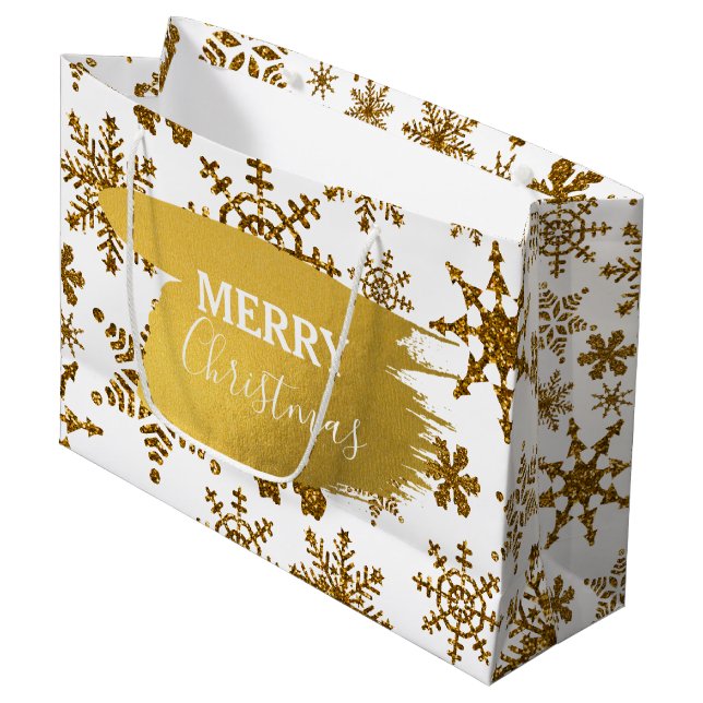 Grand Sac Cadeau Golden Sparkling Snowflakes Joyeux Noël (Devant Angle)