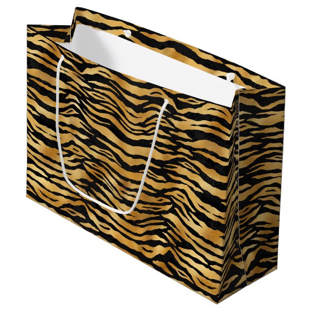Grand Sac Cadeau Golden Tiger Stripes | Bold Wild Animal Pattern (Devant Angle)