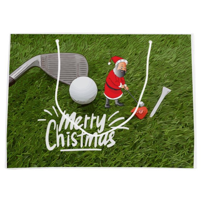 Grand Sac Cadeau Golf Joyeux Noël avec le Père Noël en vert  (Devant)