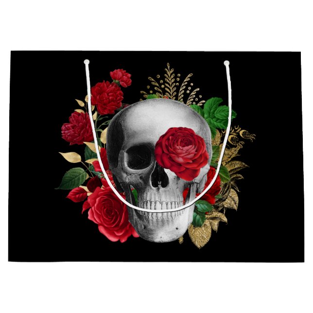 Grand Sac Cadeau Goth Crâne avec Fleurs rouges et Feuilles d'or (Devant)