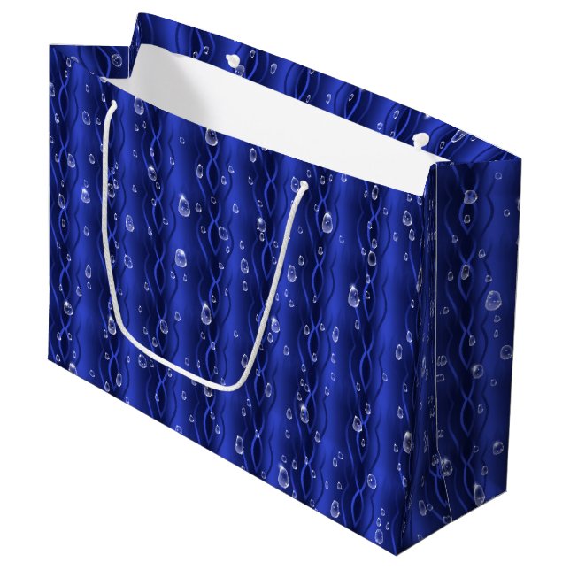 Grand Sac Cadeau gouttes de pluie sur le métal bleu (Devant Angle)