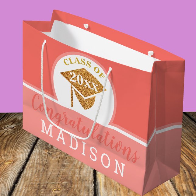 Grand Sac Cadeau Graduation Coral Rose Gold Chic Personnalisé (Créateur téléchargé)