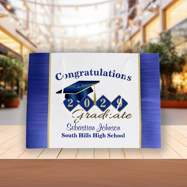 Grand Sac Cadeau Graduation personnalisée Bleu & Or (Personalized Graduation Blue & Gold Large Gift Bag)