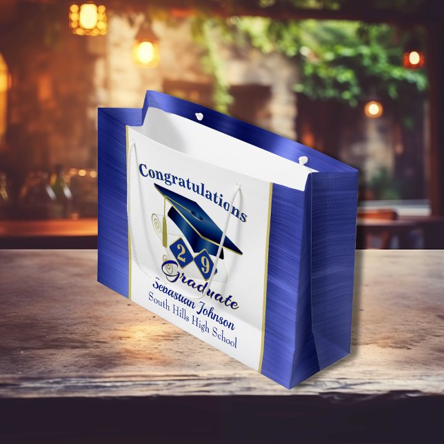 Grand Sac Cadeau Graduation Personnalisée Bleu & Or (Graduation Personalized Blue & Gold Large Gift Bag)