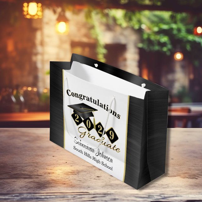 Grand Sac Cadeau Graduation personnalisée Noir & Or (Personalized Graduation Black & Gold Large Gift Bag)