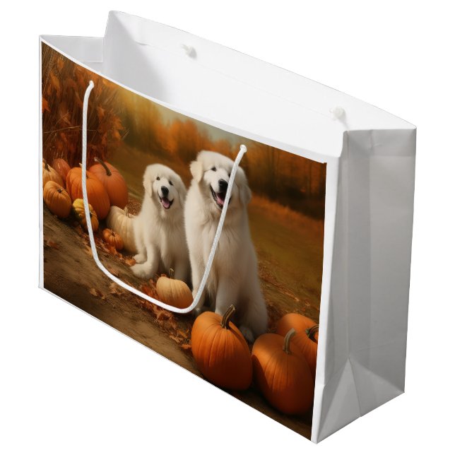 Grand Sac Cadeau Grand Pyrénées Chiot automne délice Citrouille (Devant Angle)