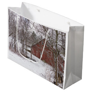 Grand Sac Cadeau Grange rouge dans la neige