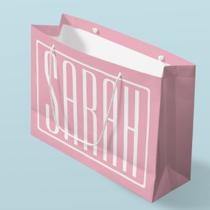 Grand Sac Cadeau Gras & Moderne votre nom ou mot   Blanc sur rose