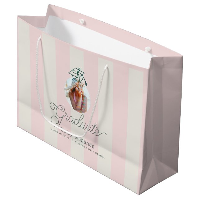 Grand Sac Cadeau Green Cap Pink Stripes Bow Photo Graduation (Devant Angle)