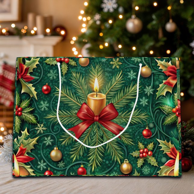 Grand Sac Cadeau Green Pattern Gold Candle Poinsettia Flower (Créateur téléchargé)