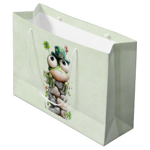 Grand Sac Cadeau Grenouille avec chapeau vert et trèfle mignonne