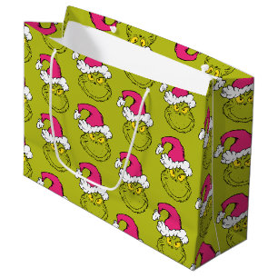 Grand Sac Cadeau Grinch avec chapeau de Père Noël rose