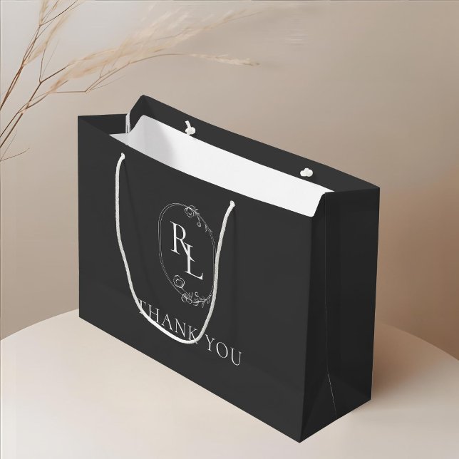 Grand Sac Cadeau Gris charbon | Merci Mariage de Monogramme Floral (Créateur téléchargé)