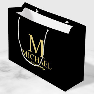 Grand Sac Cadeau Groomsman personnalisé moderne noir et or