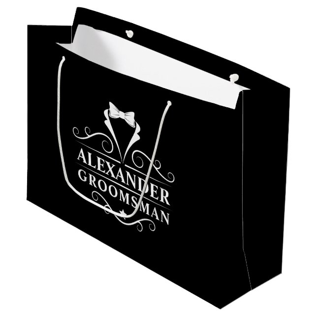 Grand Sac Cadeau Groomsman Tuxedo Cravate noir (Devant Angle)