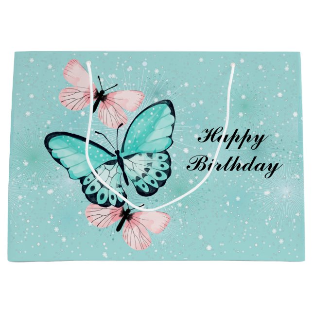 Grand Sac Cadeau Groupe de papillons bleus et roses (Devant)
