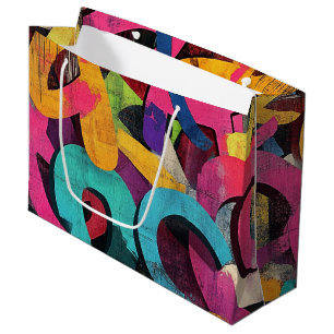 Grand Sac Cadeau Grunge Graffiti Abstrait en rose jaune bleu
