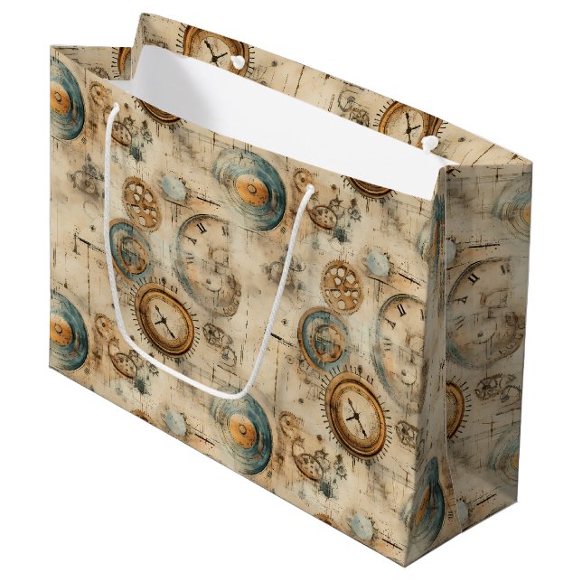 Grand Sac Cadeau Grunge Rustic Steampunk Horloge (7) (Devant Angle)