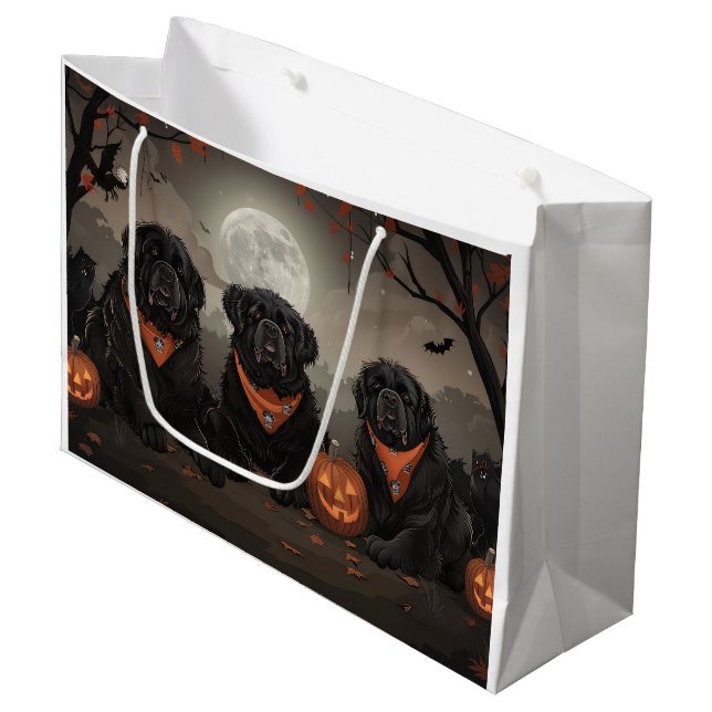 Grand Sac Cadeau Halloween de Terre-Neuve Éffrayant (Devant Angle)
