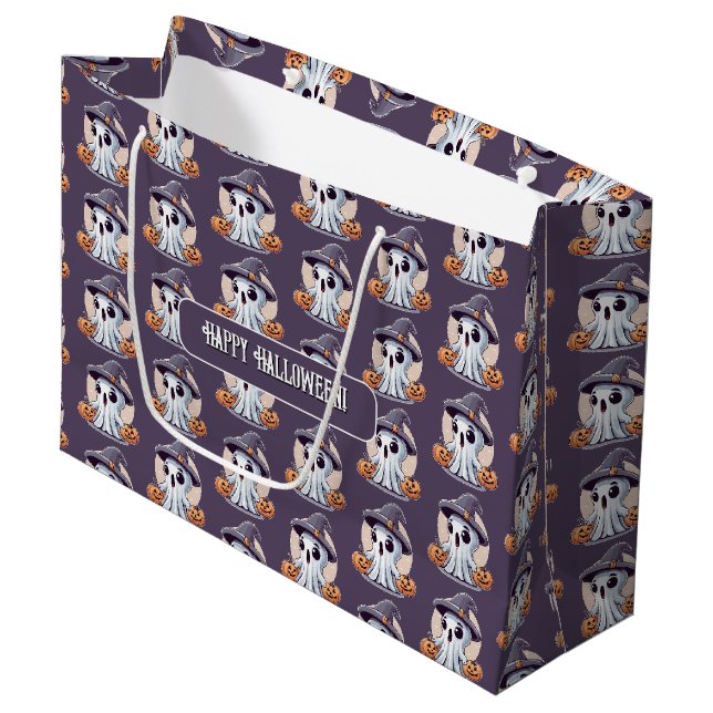 Grand Sac Cadeau Halloween : Fantôme aux citrouilles. (Devant Angle)