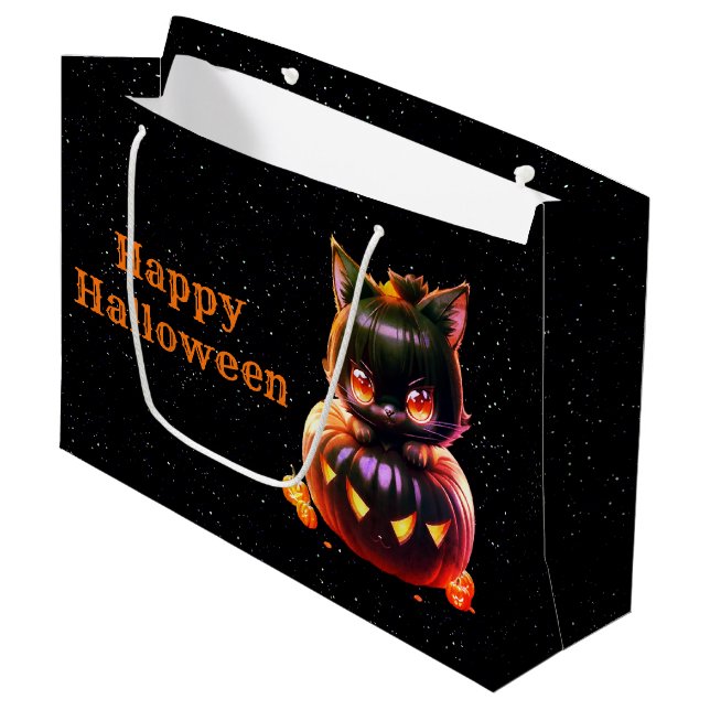 Grand Sac Cadeau Halloween Party Chat noir Citrouille Horreur (Devant Angle)