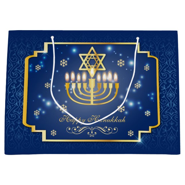 Grand Sac Cadeau Hanoukka décorative bleue et dorée (Devant)