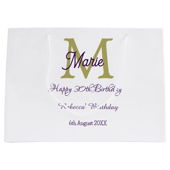 Grand Sac Cadeau Happy 30th Birthday goldenadd name monogram modern (Devant)