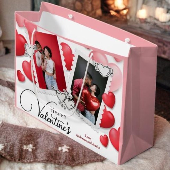 Grand Sac Cadeau Happy Valentine's 4 Photo Collage Red Pink Hearts (Créateur téléchargé)