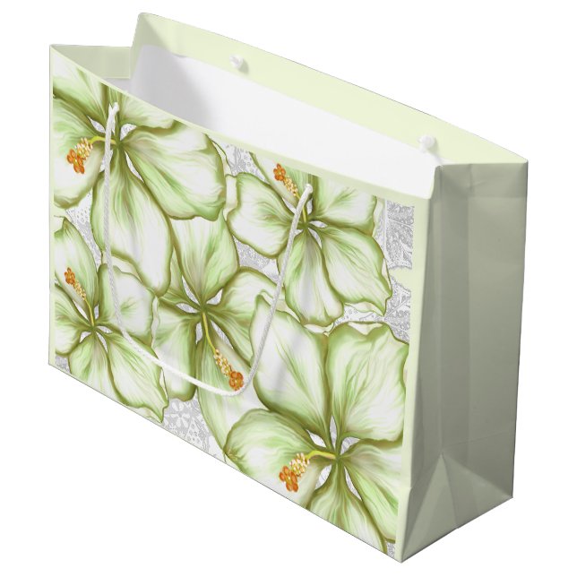 Grand Sac Cadeau Hibiscus & dentelle BLANC (Devant Angle)