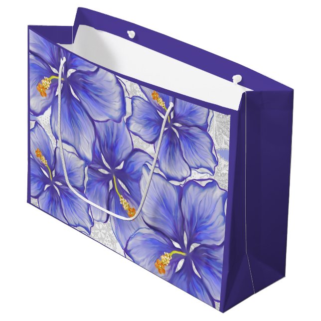 Grand Sac Cadeau Hibiscus & dentelle BLEU (Devant Angle)
