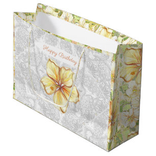 Grand Sac Cadeau Hibiscus & dentelle JAUNE