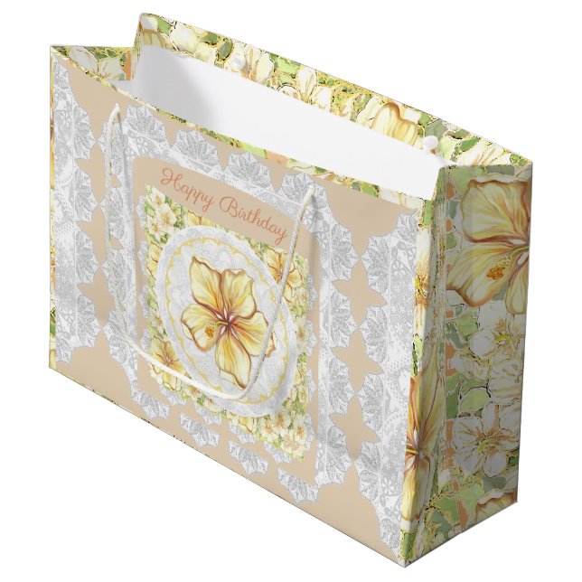Grand Sac Cadeau Hibiscus & dentelle JAUNE (Devant Angle)