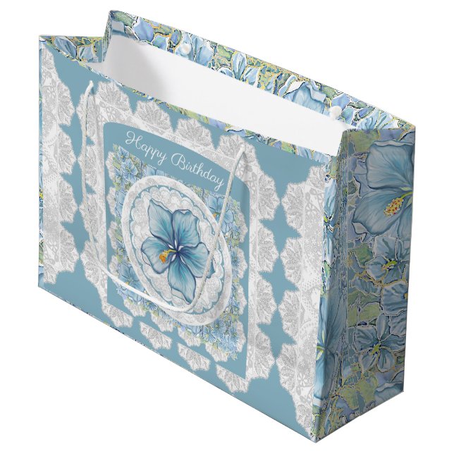 Grand Sac Cadeau Hibiscus & dentelle TURQUOISE (Devant Angle)