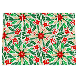 Grand Sac Cadeau Holly et Poinsettia Motif de vacances botaniques