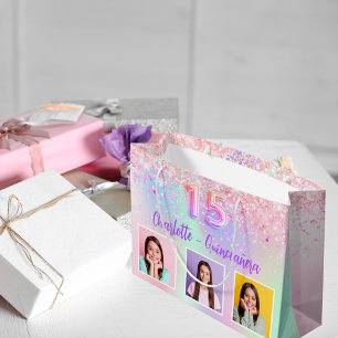 Grand Sac Cadeau Holographe rose violet photo Quinceanera