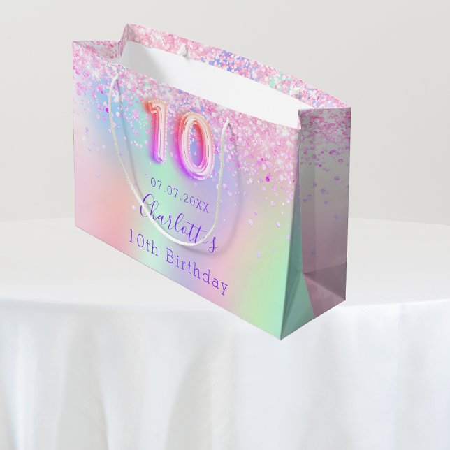 Grand Sac Cadeau Holographie rose violet 10e anniversaire (Créateur téléchargé)