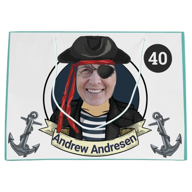 Grand Sac Cadeau Hommes 40ème Pirate Anniversaire Amusant Ajouter V (Devant)