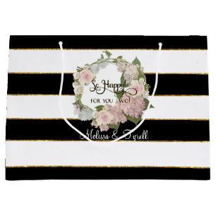 Grand Sac Cadeau Hydrangées de Rose rayé noir et blanc personnalisé